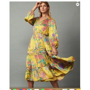 Current Air Marigold Floral Maxi Dress V-Neck womens size large long sleeve new